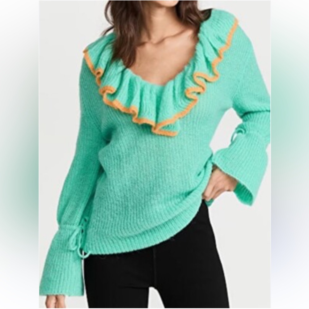 Andersson Bell Mint Fabianan Ruffle Alpaca Blend Deep V Neck Sweater Womens M